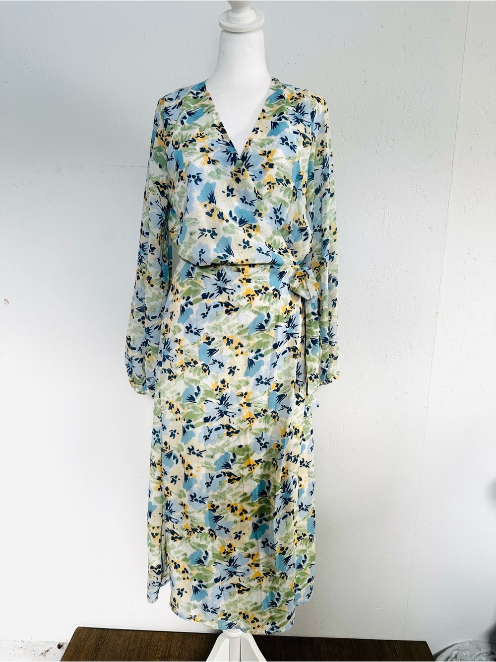 Floral Wrap Maxi Dress in Blue, Green & Cream